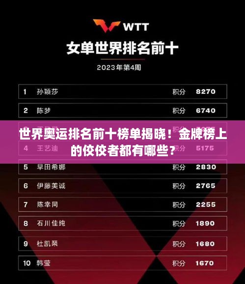 世界奥运排名前十榜单揭晓！金牌榜上的佼佼者都有哪些？
